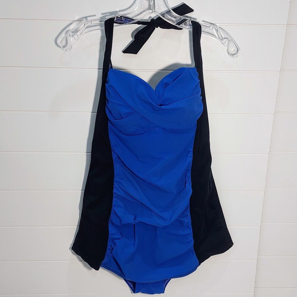 ASSETS Sara Blakely Spanx Women's Medium Swim Dress Halter Ruched Blue Black